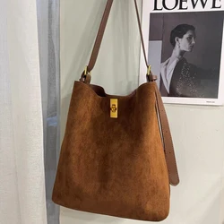 Korean Faux Suede Tote Bags For Women Luxury Designer Handbag Purse 2024 New In Vintage Lock With Inner Pocket Underarm Shoulder