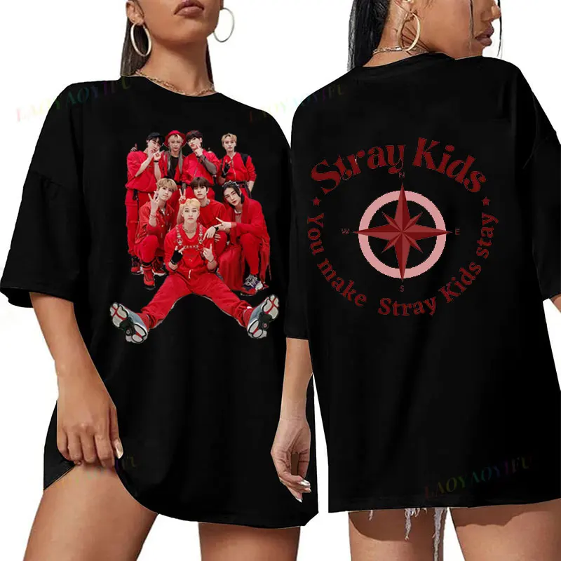 Hot Selling K-Pop Stray Kids Band Members T-Shirts Korean Concert Print Top Streetwear Shirt SKZ Bang Chan Changbin Music Tshirt