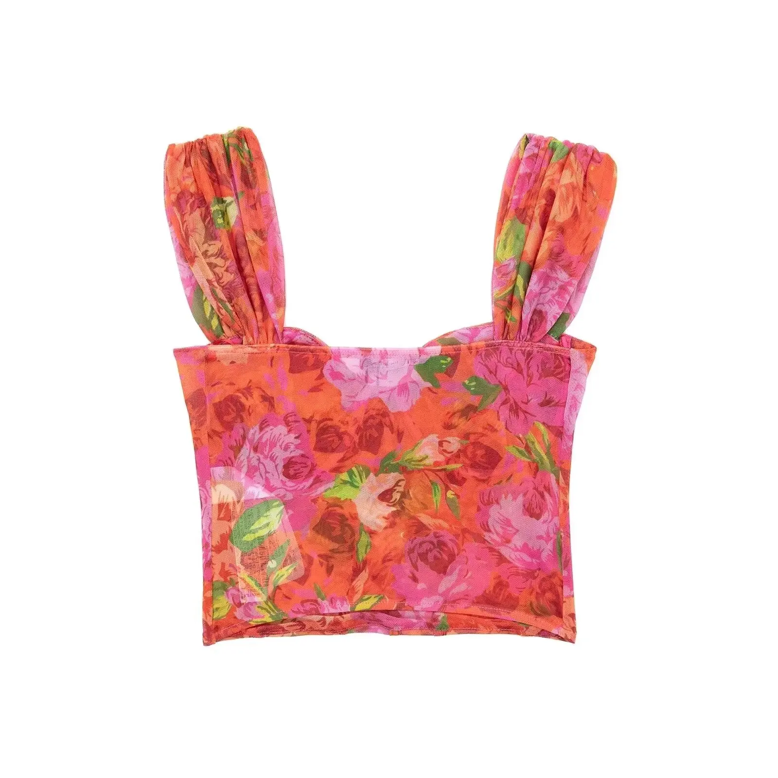

Korejepo New Women Clothing European American Style Printed Sexy Vest Suspender and Silk Mesh Tight Corset Top