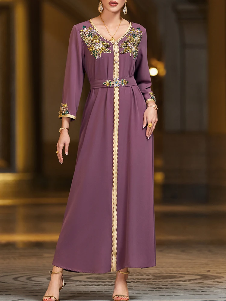 

Mia Muse Ramadan Essentials Women's Abaya Dress Luxurious Fashion Crystal Contrast Color Long Sleeve V-Neck Midi Casual Kaftan