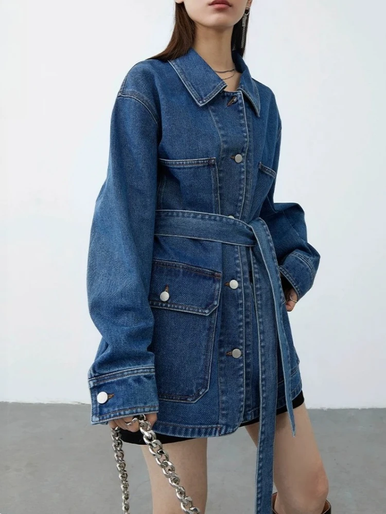CHIC VEN Fashion Women Denim Jacket Blue New Loose Casual Waist Belt Mid Length Denim Coat Female Top Spring Autumn 2026