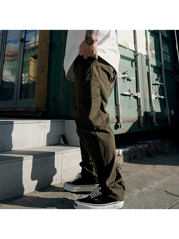 Retro Military Green Work Pants for Men Casual Loose Fit Multi Pocket Versatile Long Trousers Trendy Brand Youth Active Style