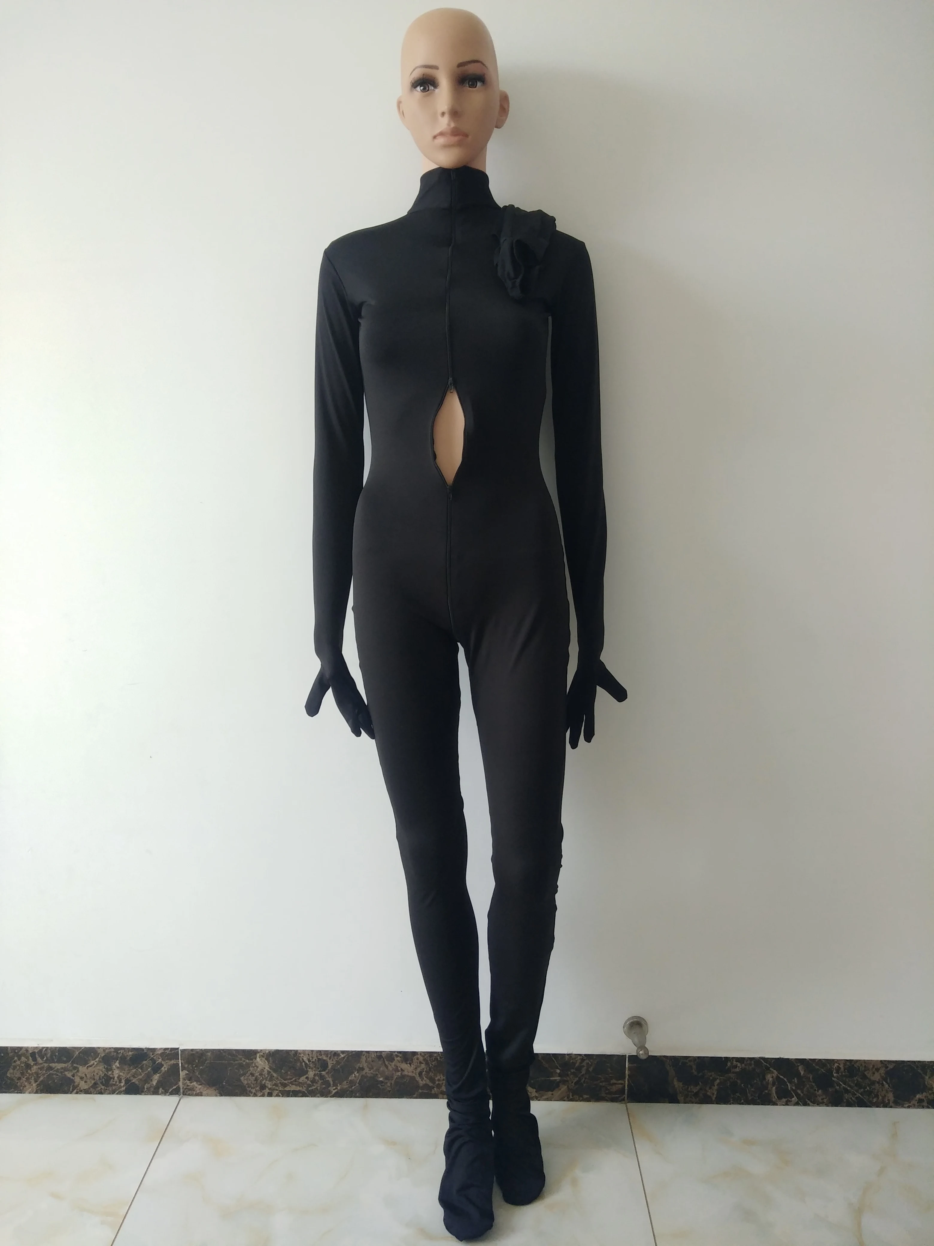 Mono de LICRA Zentai con cremallera para Halloween, traje con máscara extraíble, malla abierta, ojos, boca, 3 vías