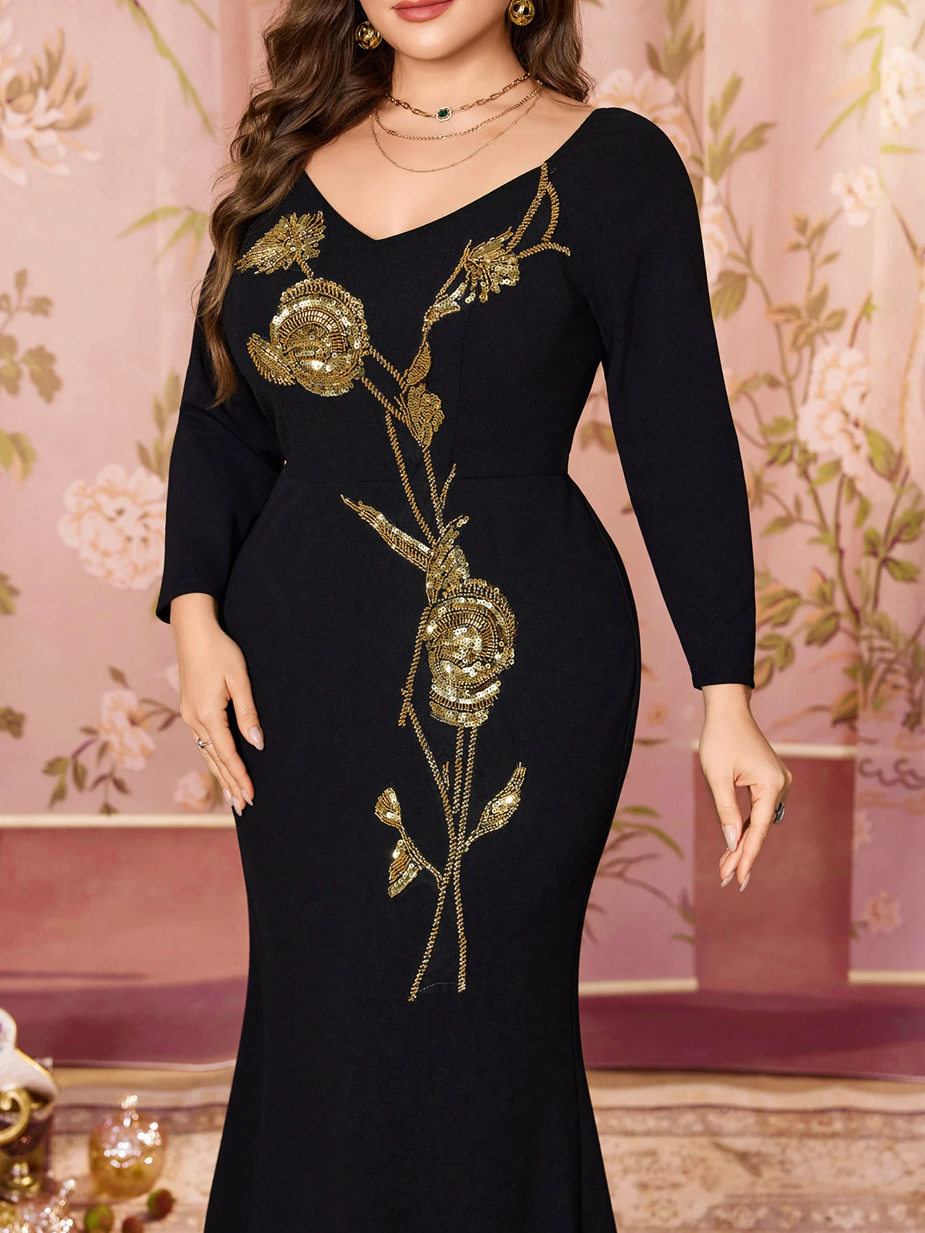 SUPGIR Plus Donna Scollo a V Manica lunga Ricamo con paillettes Vestibilità aderente Orlo a sirena Maglia Tela Temperamento Sera D