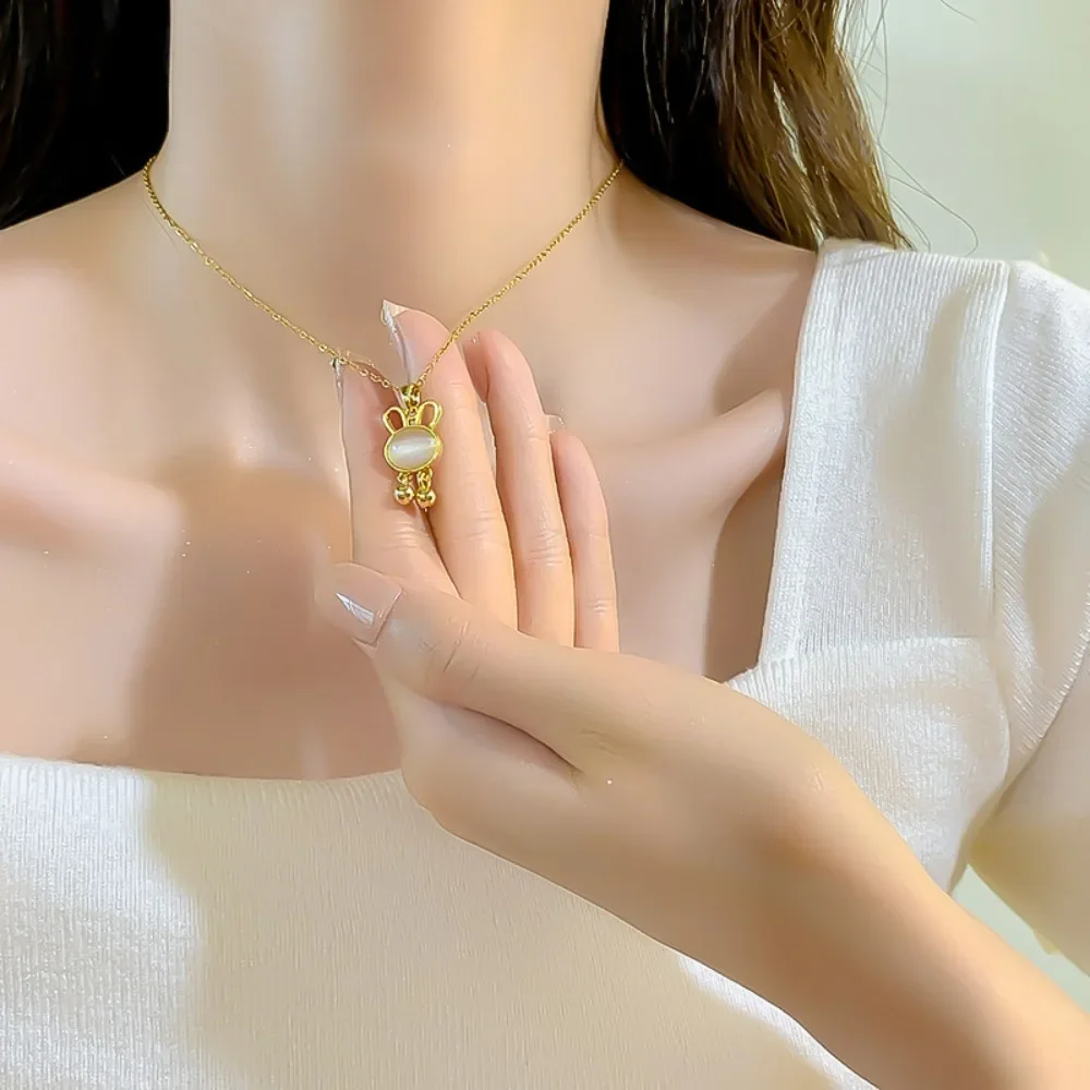 Cute Sweet Gold Color Stainless Steel Opal Stone Rabbit Ear Pendant Necklaces for Women Exquisite Korea Collar Jewelry Colorfast