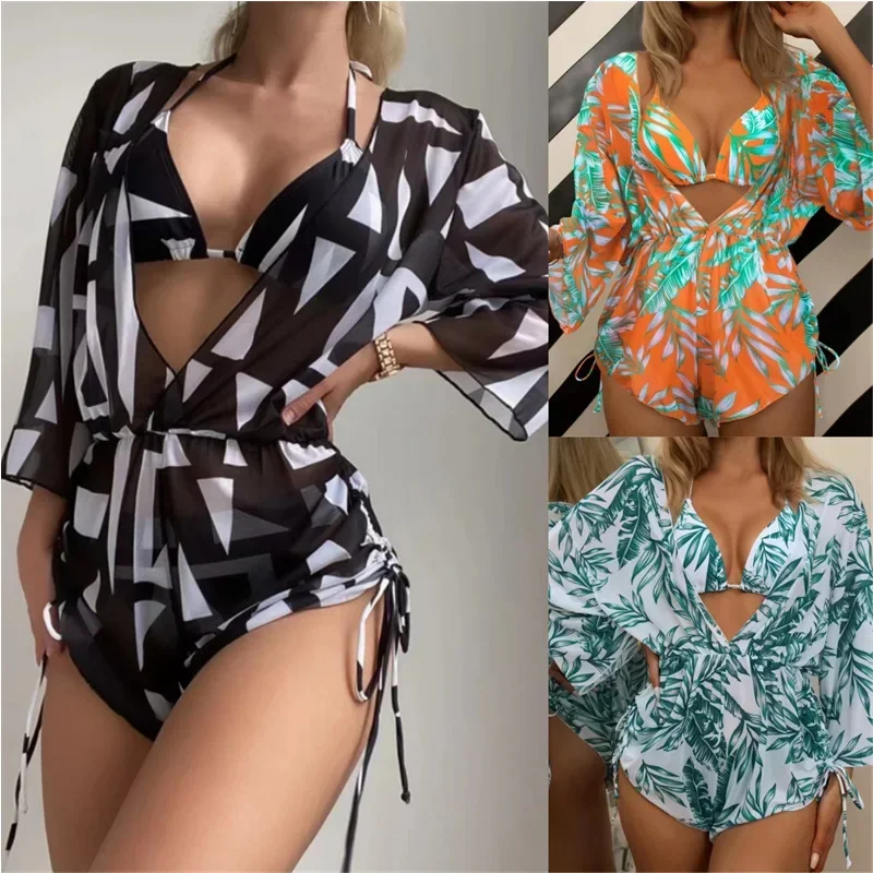 New 3pcs with V-neck Lace Hollow Out Tunic Cover Up for Woman Loose Lace Up Halter Bikini Holiday Beach Summer Boho Beachwear