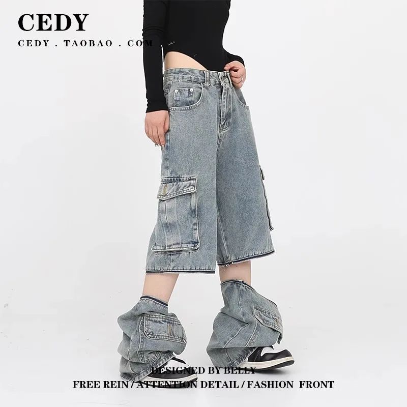 

Blue Loose 2000S Cargo Jeans Multi Pockets Hip Hop Baggy Jeans Trousers Detachable Shorts Y2K Black Casual Straight Denim Pants