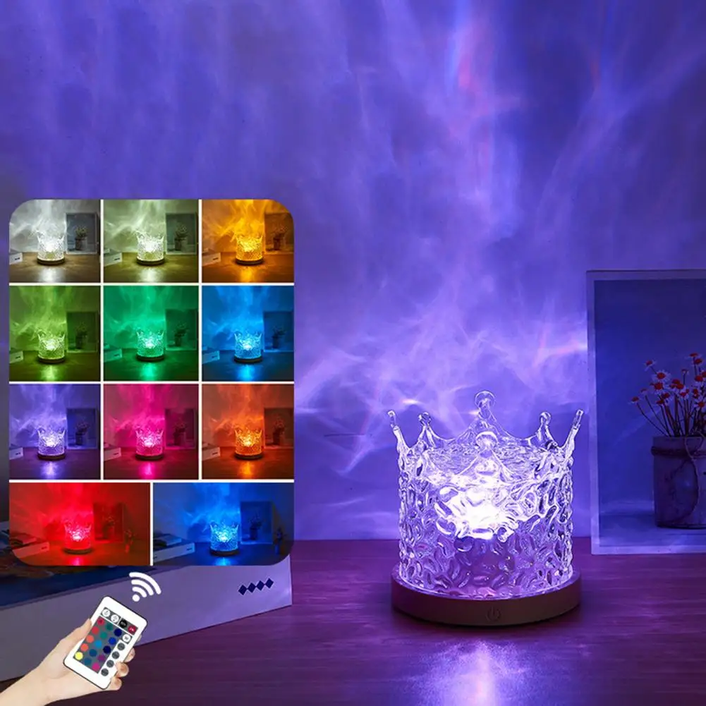 Rotating Flame Water Lamp Ocean Wave Projector Light Remote Control Dimmable Bedside Lamp for Color-changing Night Light Ambient