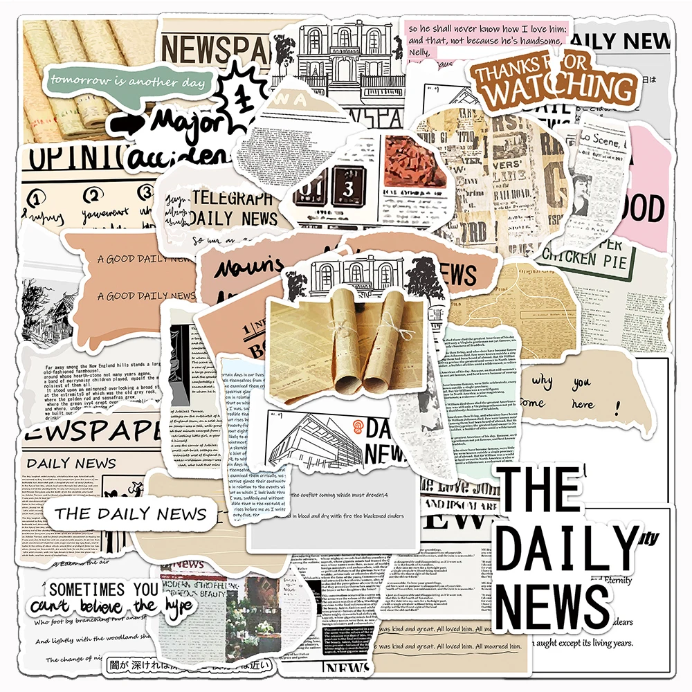 

10/30/50pcs Retro Art Fragmented Newspaper Stickers Creative Cartoon Decals Notebook Luggage Phone Graffiti Sticker Decoration