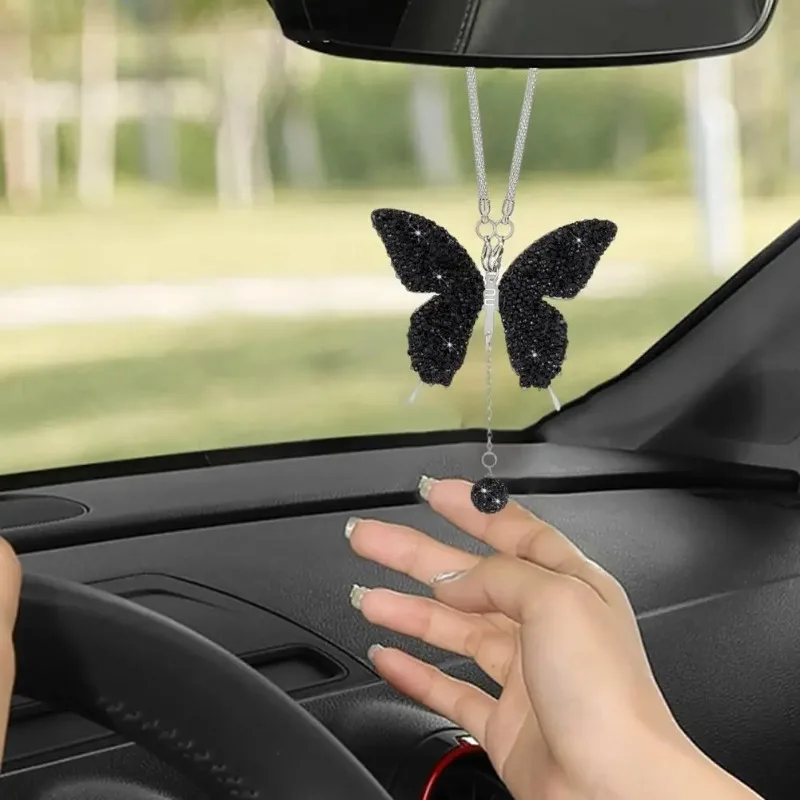 Sparkling Butterfly Pendant Car Rear View Mirror Charm Elegant Faux Crystal Pendant for Car Decor Car Ornaments Accessories