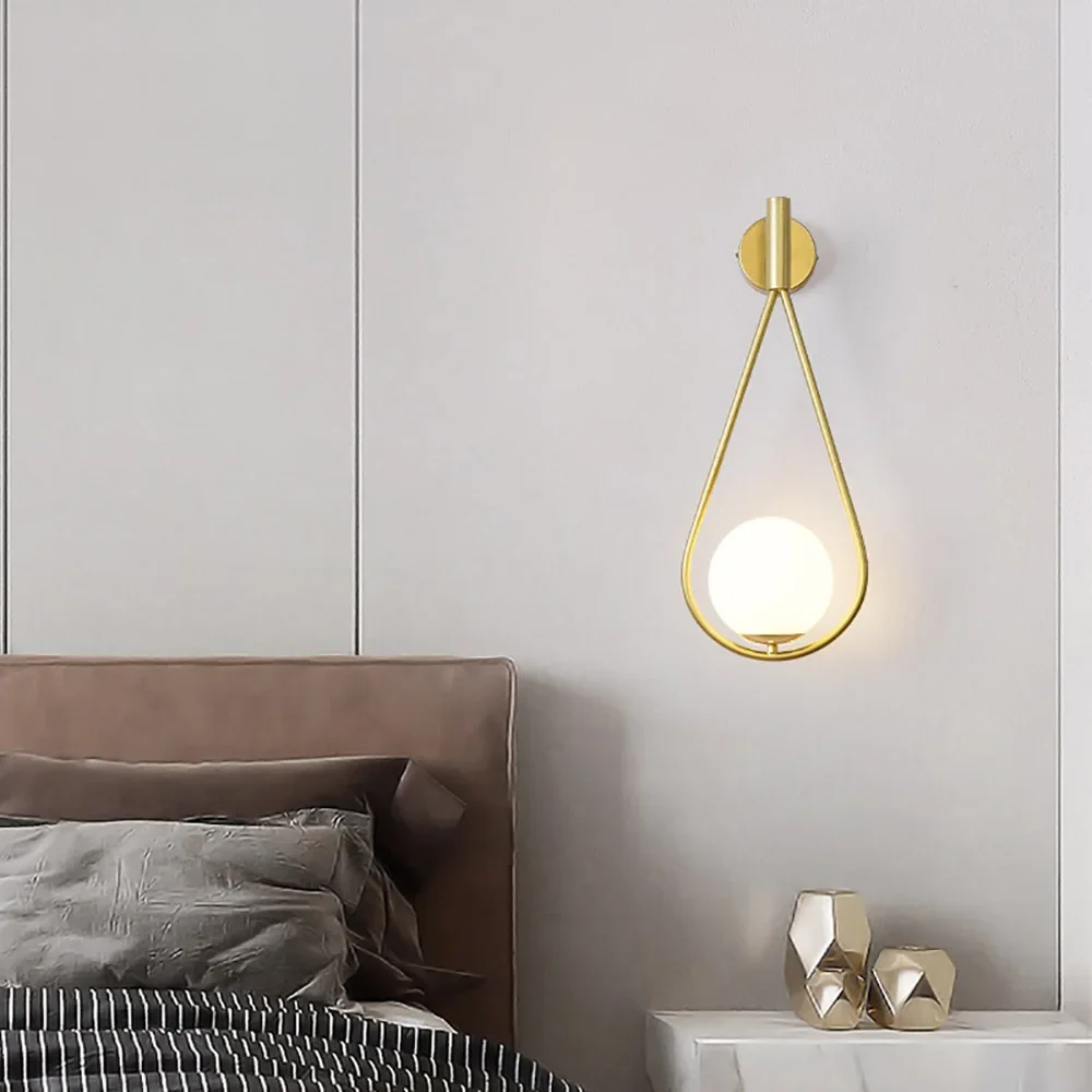 Modern LED Glass Ball Wall Lamp, Golden Upholstery Light, Living Room, Bedroom, Bedside, Aisle, Stair, 96-220V