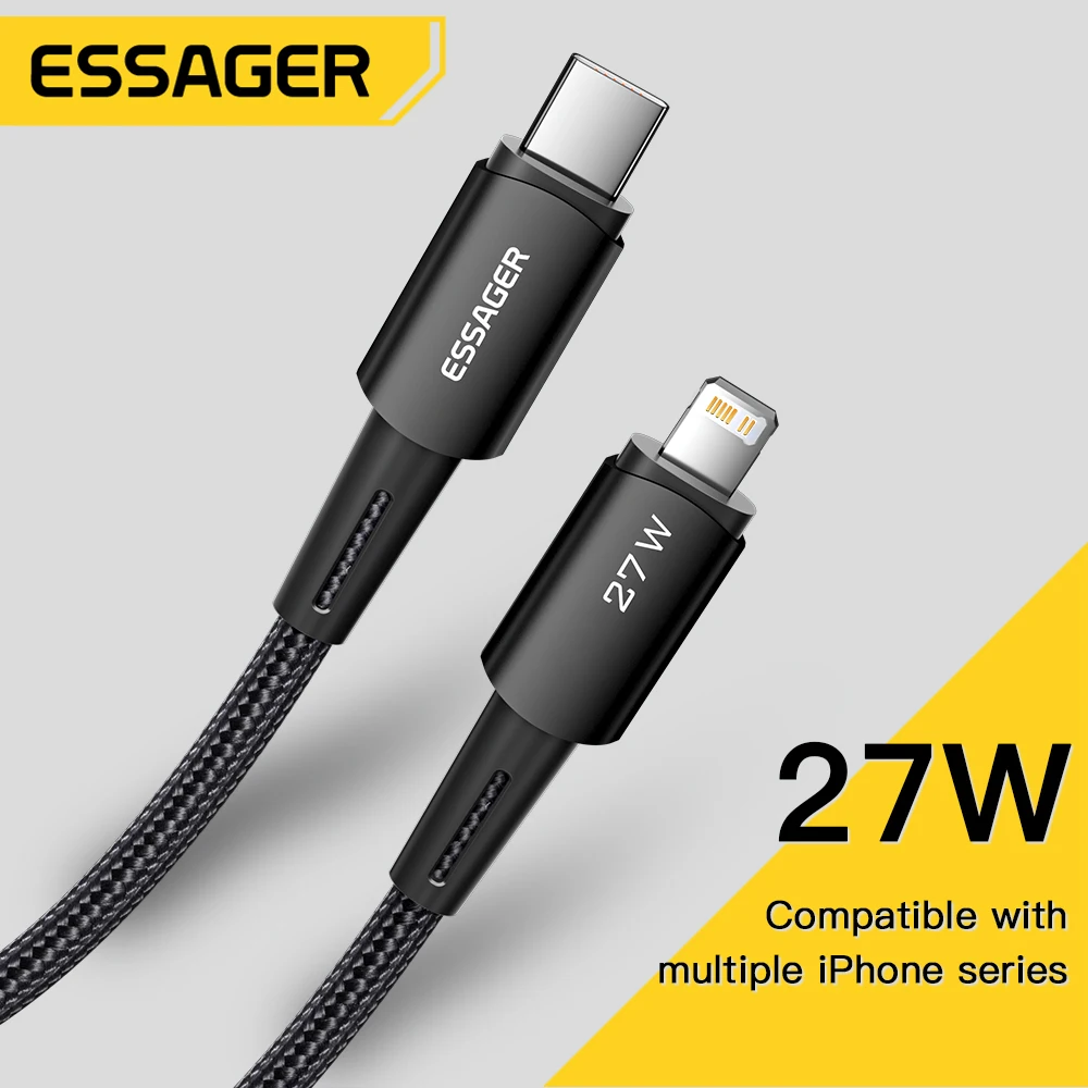 Cabo USB C Essager 27W para iPhone 14 13 12 11 Pro Max XS, Cabo de Carregamento Rápido 20W Tipo C para Lighting, Cabo de Dados para iPad Macbook