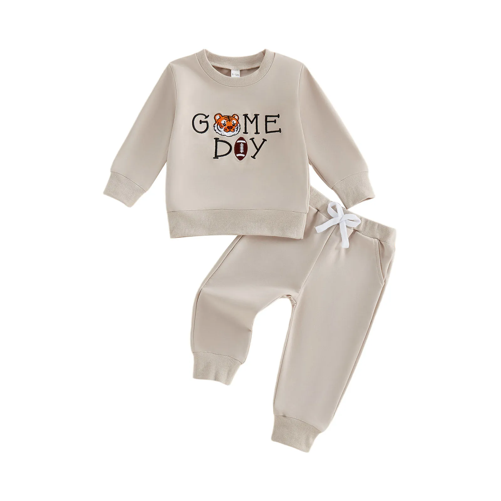 

Toddler Baby Fall Outfits Animal Football Embroidery Long Sleeve Round Neck Pullover Elastic Solid Pants 2 Pcs Set