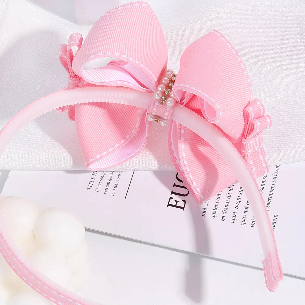 Fashion Ribbon Bow Hairband Sweet Pearl Headbands Princess Rhinestone Hair Bands Kids Headwear Boutique Party Birthday Gift