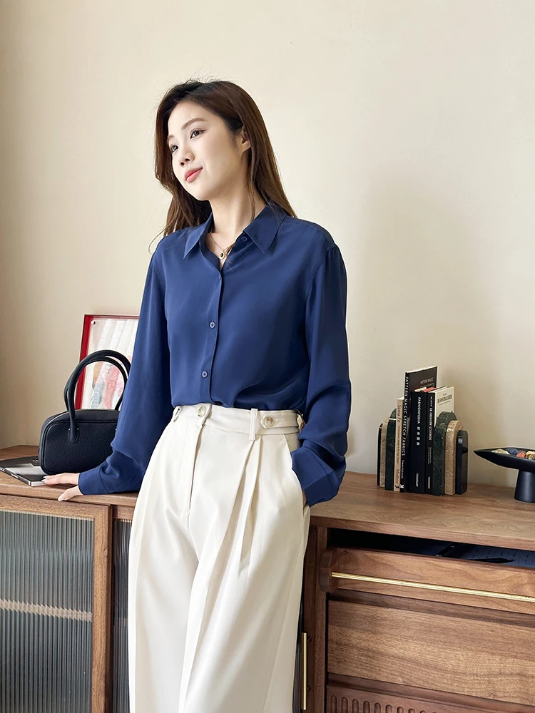 

Premium Silk Versatile irt Fabric Draped Soft Glossy Skin-Friendly mat Sle Slim Fit Long Sve Stand Collar Women...