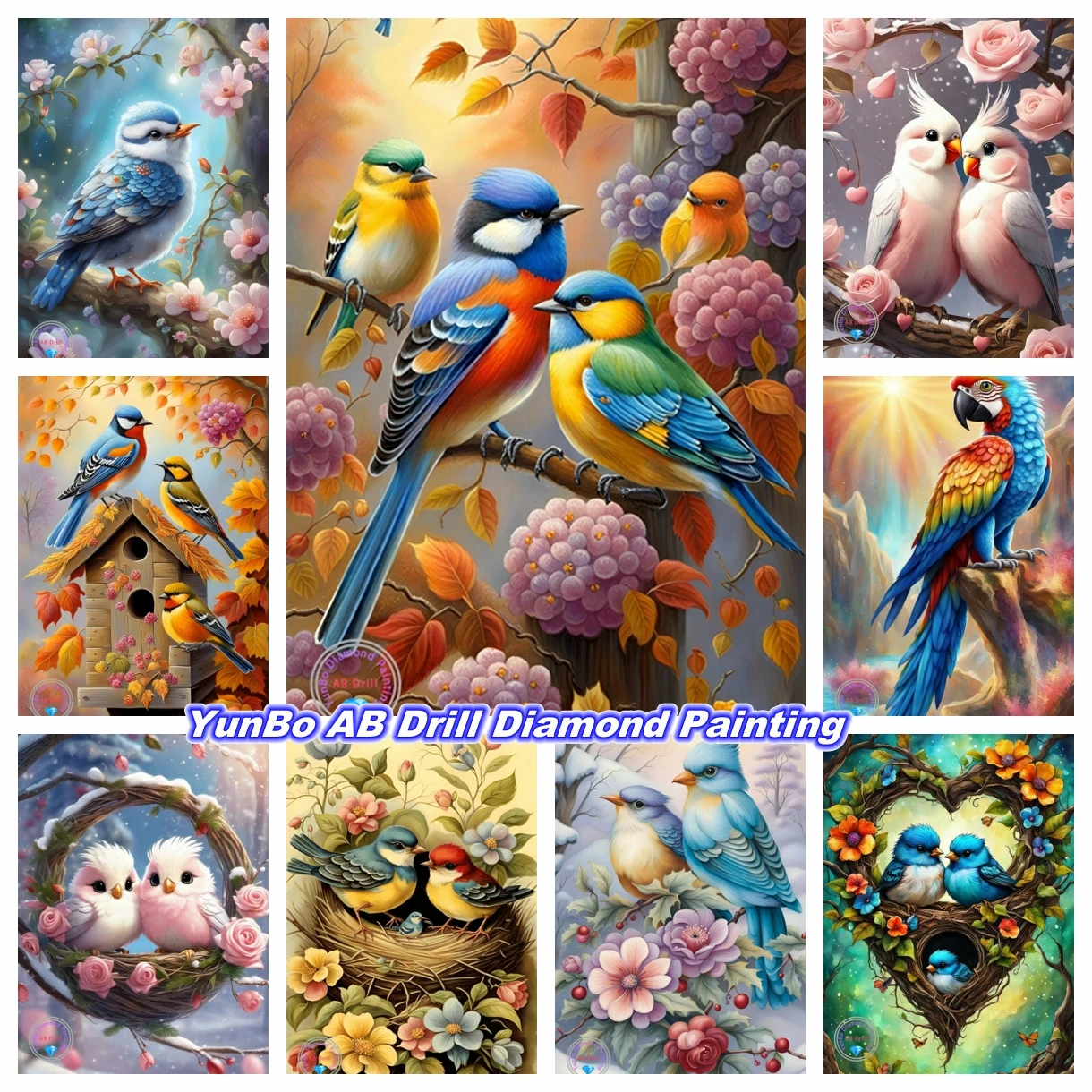 

Parrot Lovely Family 5D DIY AB Diamond Painting Mosaic Fantasy Cute Animal Bird Pictures Art Cross Stitch Rhinestones Home Decor