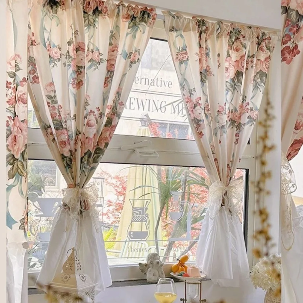 

French Romantic Flowers Curtains Cloth for Living Room Lace Warp Ruffled Rose Tulle Curtains for Kitchen