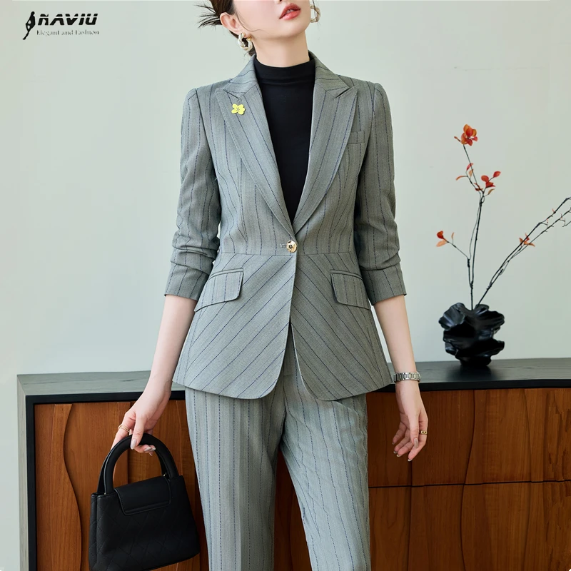 

NAVIU Fashion Ladies Pant Suit Formal Women Office Business Work Wear High End Gray Khaki Stripe Blazer And Trouser 2 Piece Set