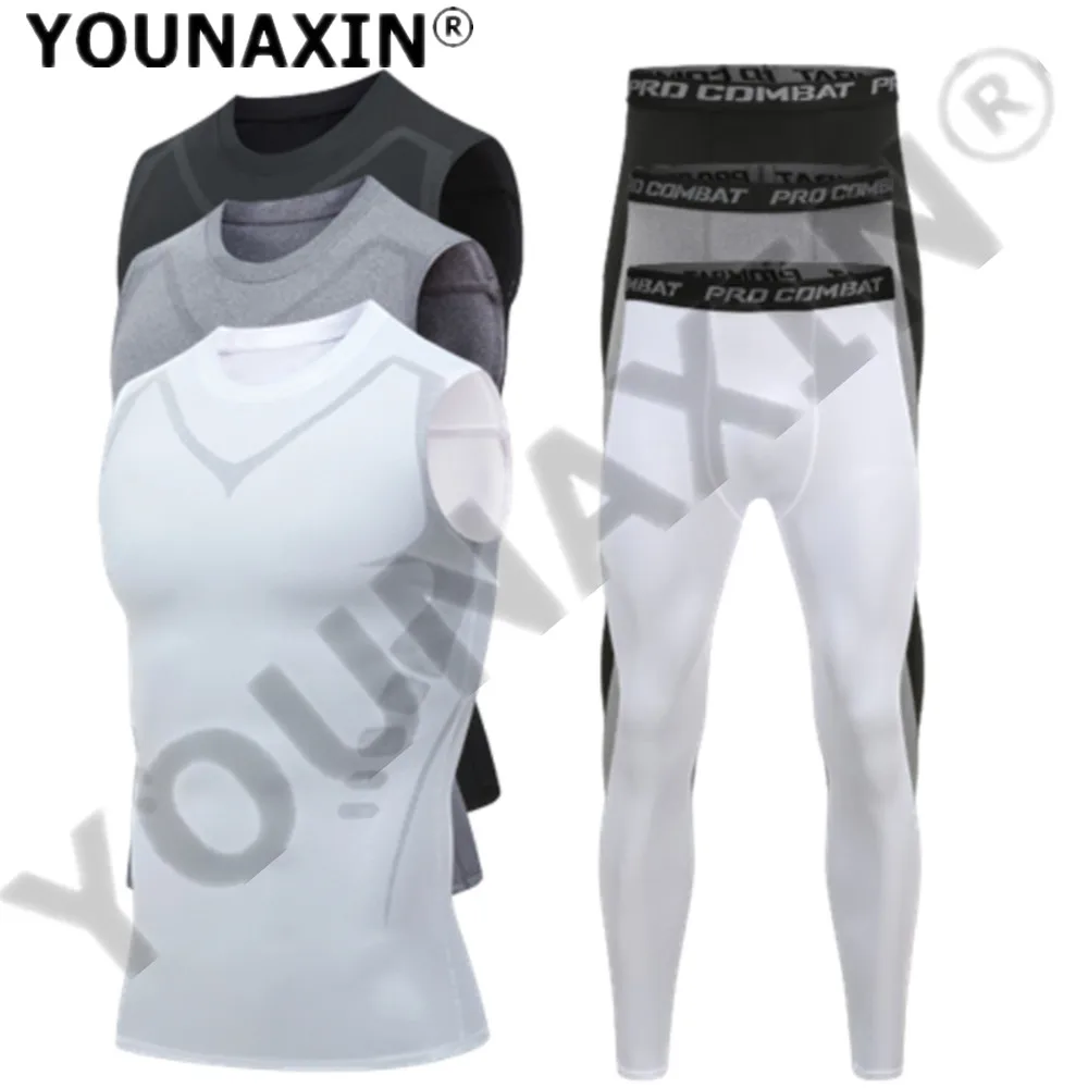 Men's Sleeveless T-Shirts Base Layer Basketball Sports Vest Trousers Tight Gym Yoga Fitness Running Top Long Pants Sportswear