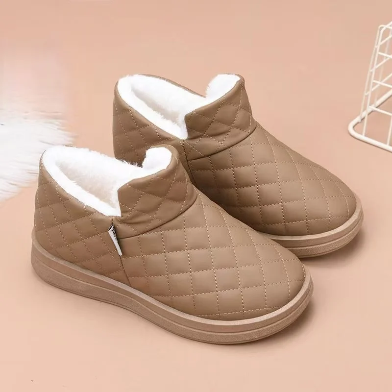 

Women Winter New Waterproof Ankle Snow Boots Flat sole Non Slip Round Toe Slip On Plush Keep Warm High Top Cotton Boots