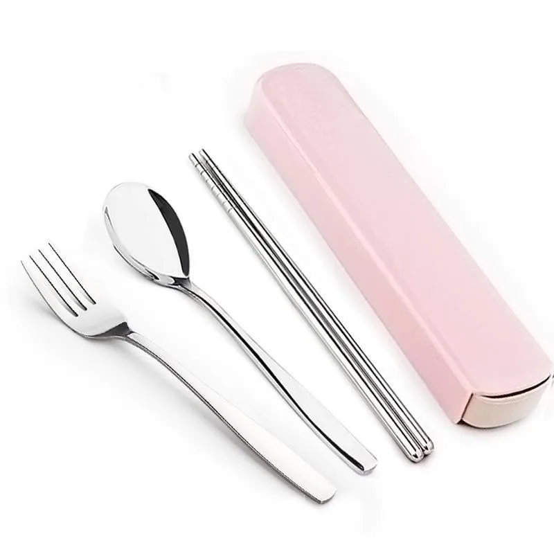 Portable Travel Tableware Set Stainless Steel Dinnerware with Box Kitchen Fork Spoon Dinner Set for Kid School Cutlery