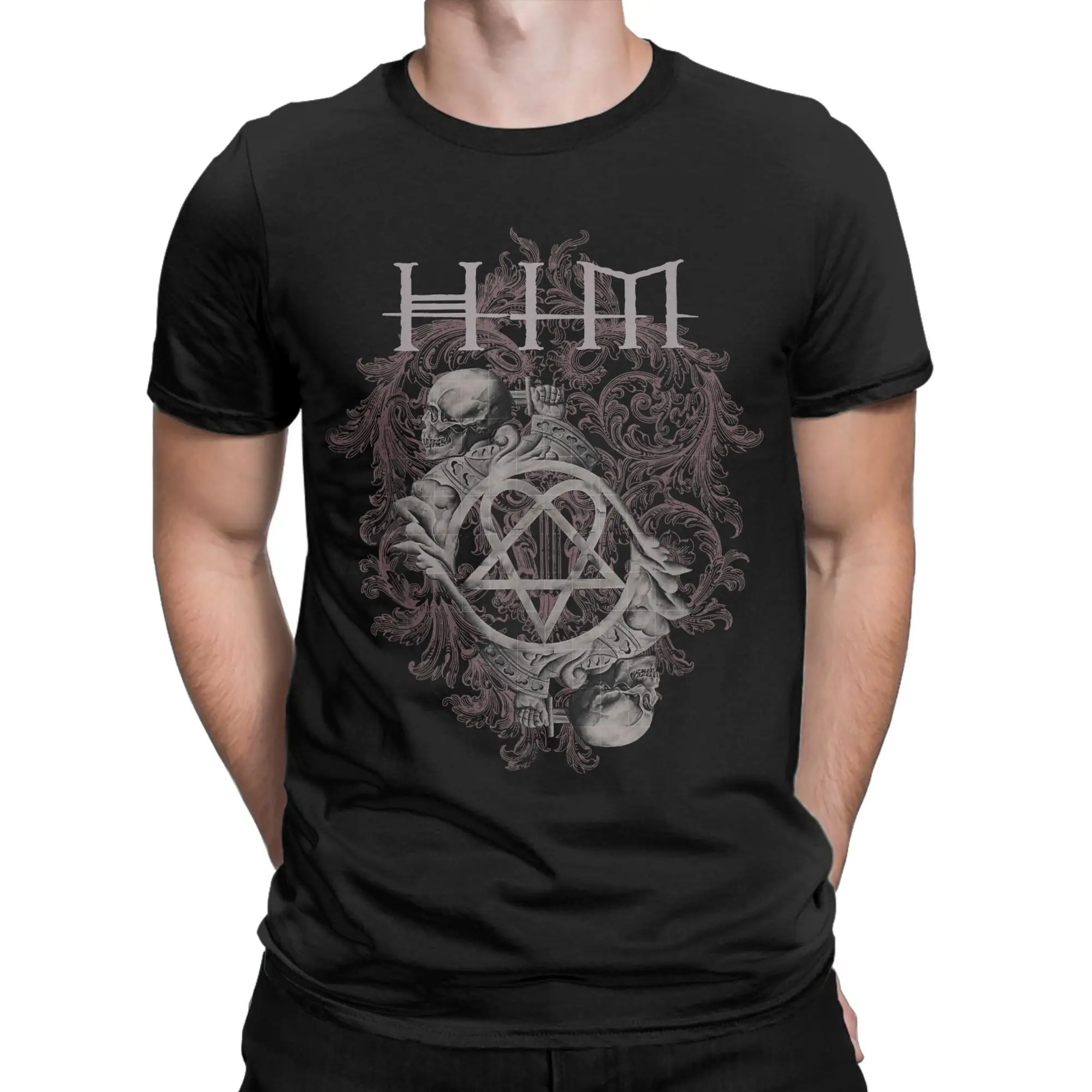 Ville Valo HIM Dual Skull On Brown T-Shirts Men Awesome 100% Cotton Tee Shirt Crew Neck Short Sleeve T Shirt Gift Clothing