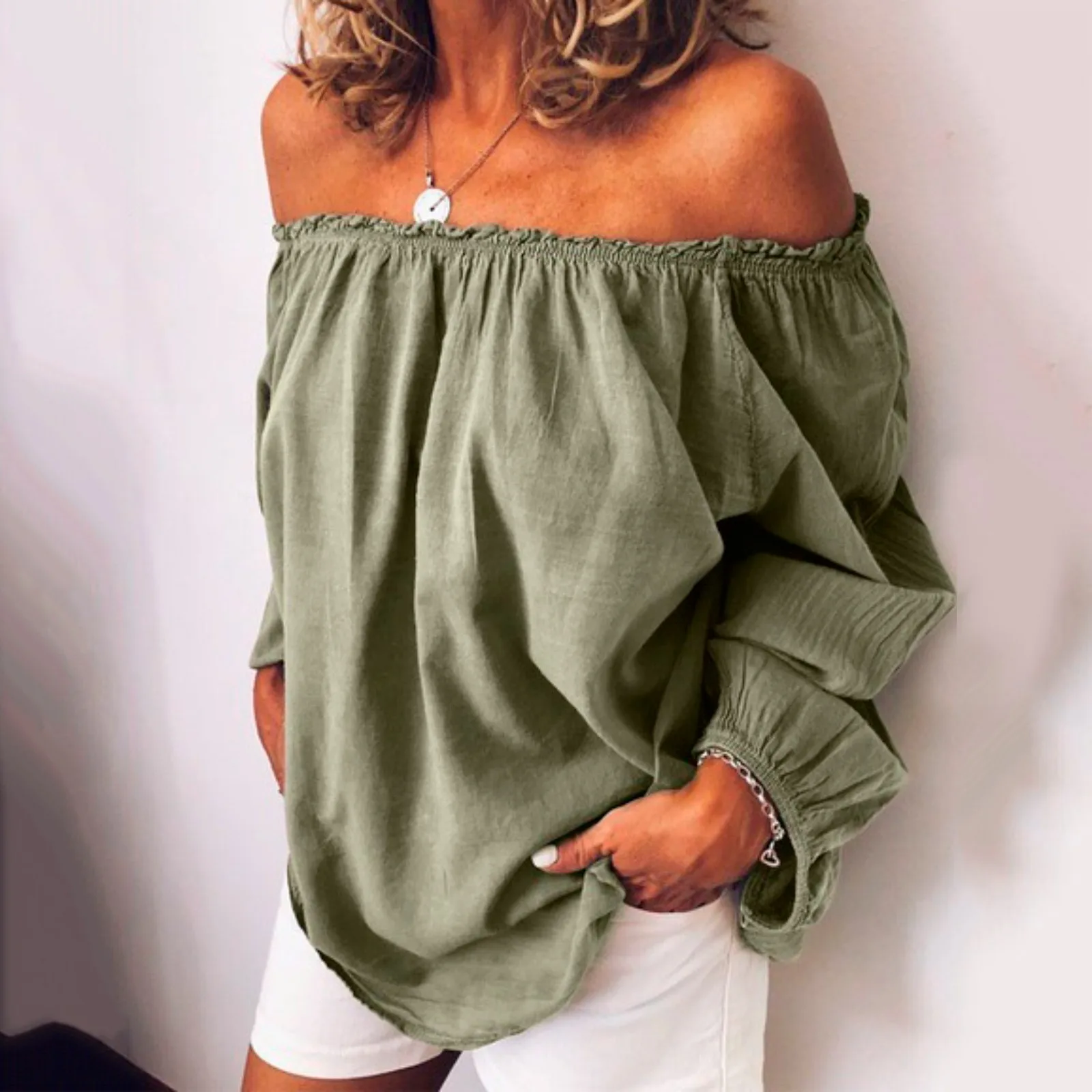 

Off Shoulder Blouse Women's Shirt Summer Loose Breathable Cotton Linen Shirts Slash Neck Sexy Shirt Boho Ruffle Top Streetwear