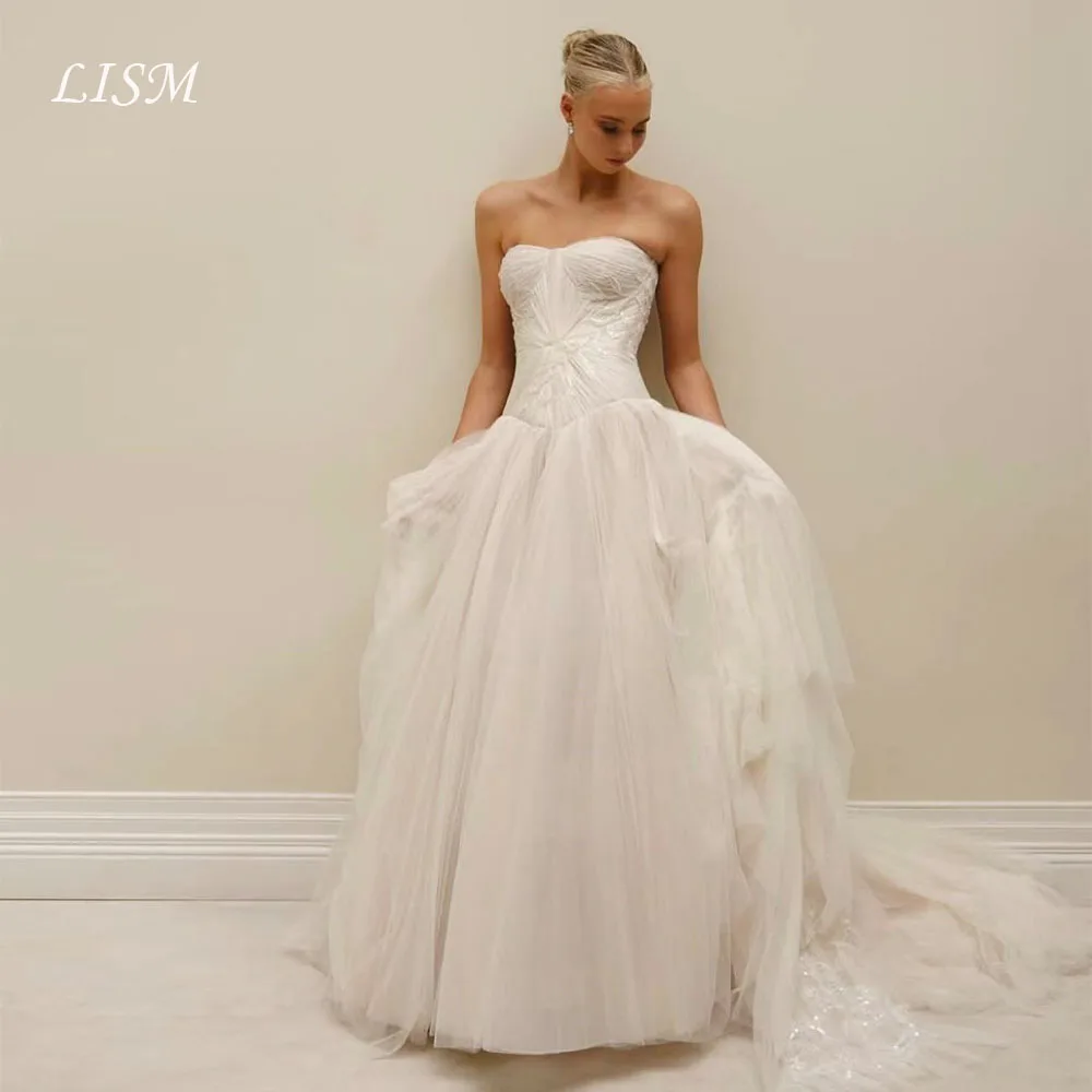 

Lism Customized Vintage Wedding Dress Sweetheart Pleated Sweep Train Ivory Tulle A-Line Classic Bridal Gown 2026 Robe De Marie