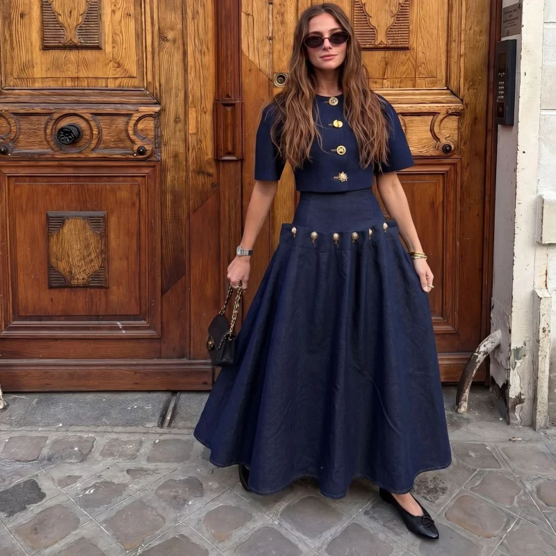 

Summer 2026 Women's Fashion Casual Denim Set Skirt with Unique Metal Button Strap Trendy And Stylish