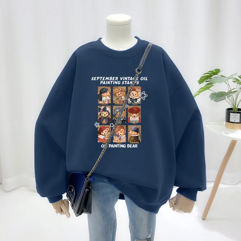 American Retro Oversize round Neck Sweatshirt Jacket Women's Autumn Winter New Fashion Bear Fleece Lined Top Commute Style Lo...