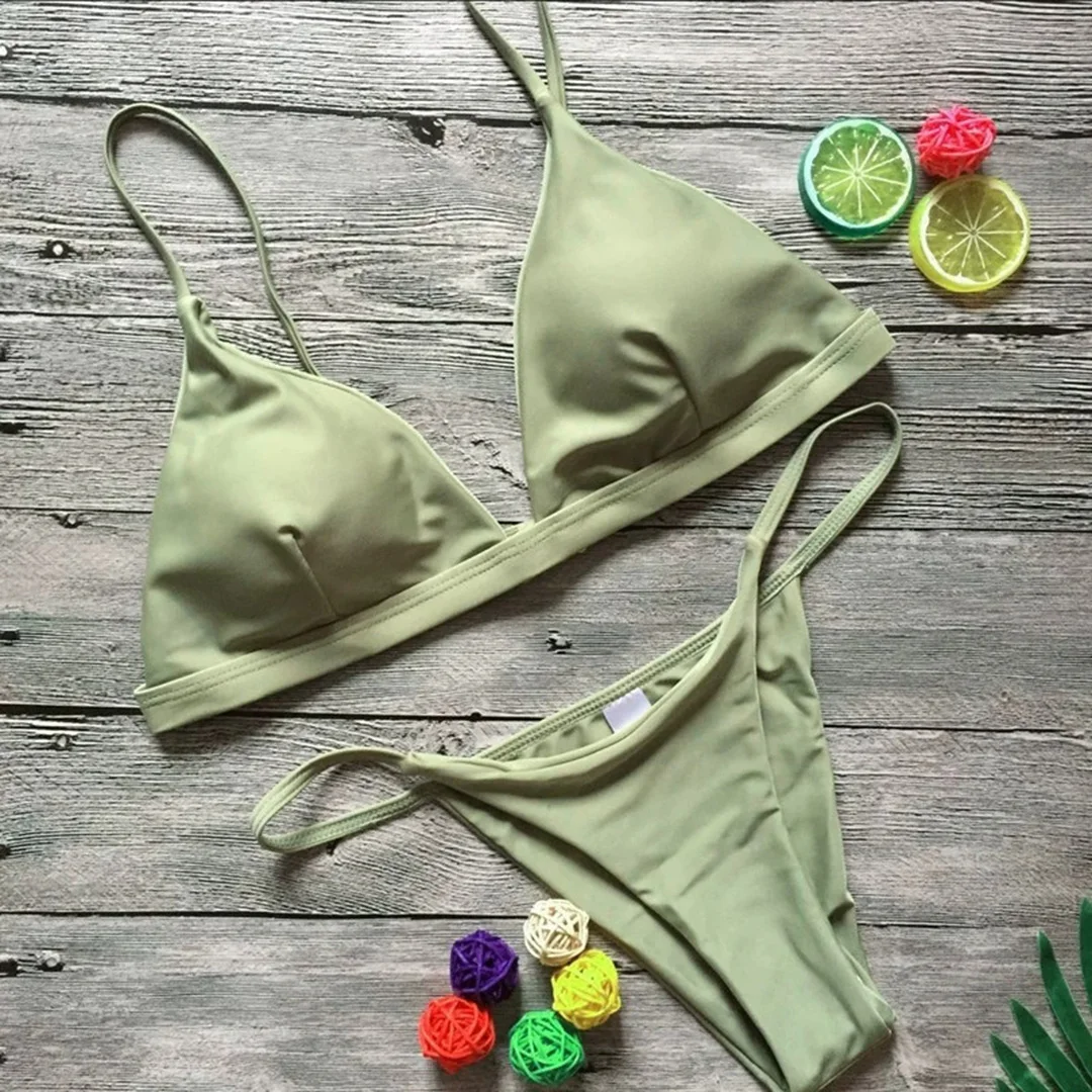 Neuer, verführerischer, gepolsterter brasilianischer Bikini, Damen-Badeanzug, zweiteiliges Bikini-Set, einfarbiger Badeanzug, Damen-Badebekleidung, V64A. – Detail 24