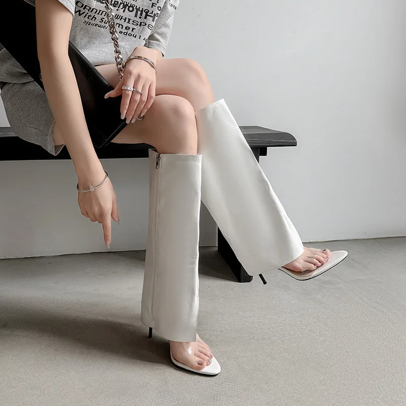 Arden furtado verão transparente pvc virado-over borda calças pernas botas dedo do pé apontado deslizamento-on stilettos salto aberto dedo do pé botas frescas