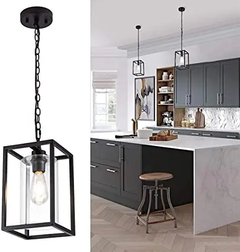 Mayna 1-Light Farmhouse Pendant Light, Black Metal Cage Light Fixtures With Adjustable Chain And Glass Shade,Hanging Lights For