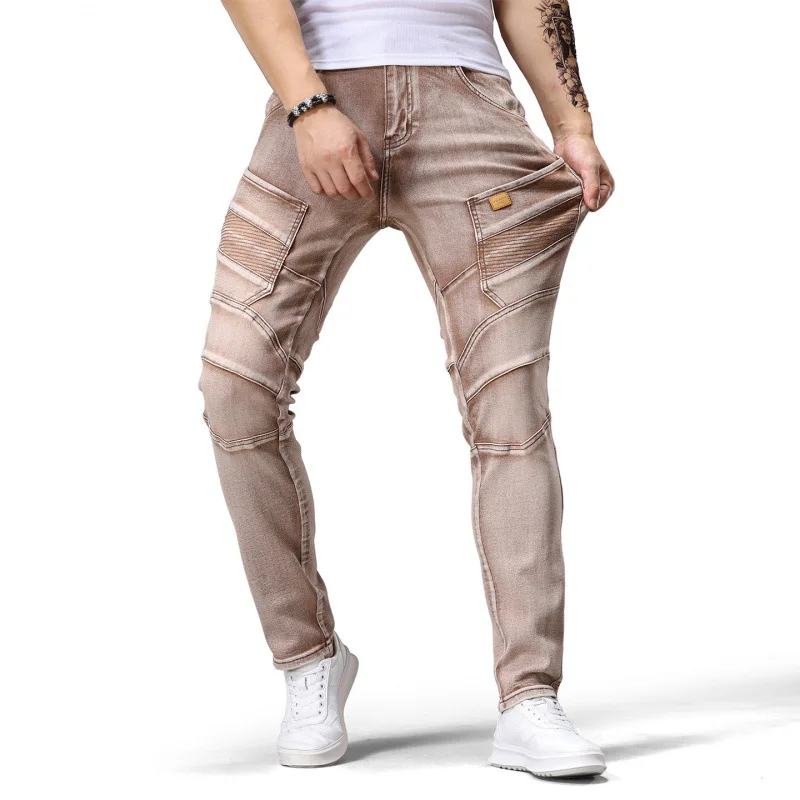 Splicing design motorcycle jeans men's small feet street cool retro vintage casual elastic pants