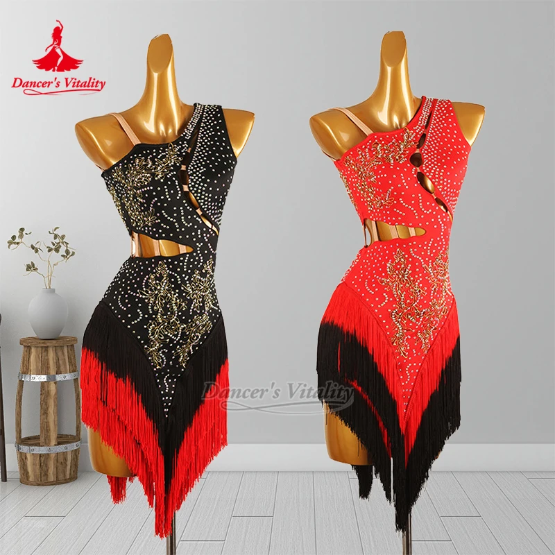 

Черно-красные градиентные цвета с кисточками, чача-самба, платья без рукавов для взрослых, экзаменный наряд для латинского класса, жизненная сила танцора на заказ