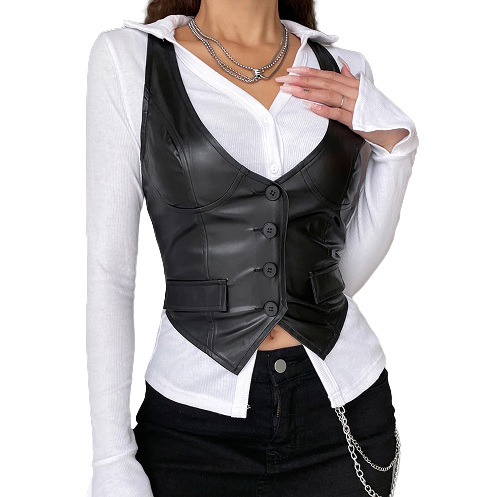 Fashion Women's Vest Leather V Neck Sleeveless Button Closure Design Slim Fit Breathable Versatile Tank Tops Streetwear