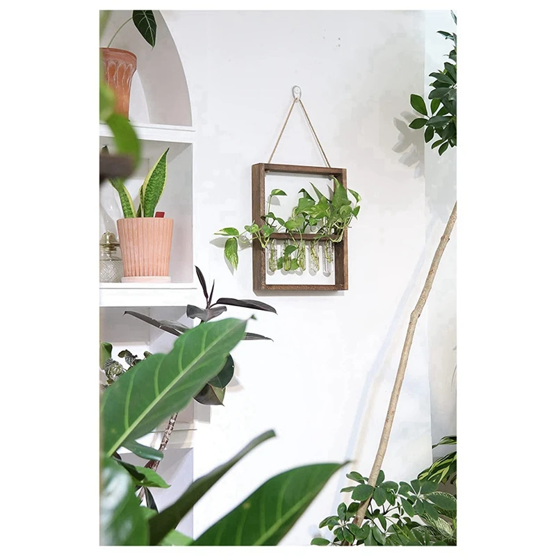 SEWS-Wall Mounted Hanging Plants Test Tube Flower Bud Glass Terrarium Wooden Frame For Home Garden Wedding Decoration