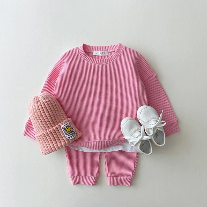 2023 Korea Toddler Baby Clothing Sets For Infant Baby Boys Clothes Set Mock Two-piece Waffle Cotton Sweatshirt+Pants 2pcs Outfit