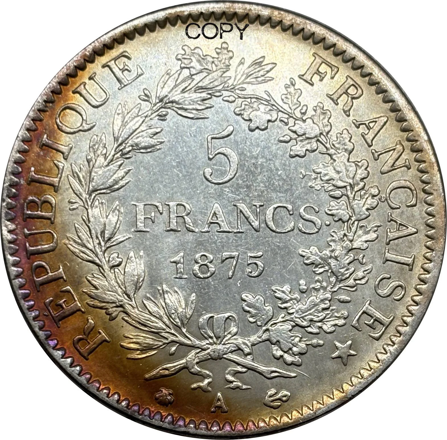 France 1875 A 5 Francs Hercule Republique Francaise argent plaqué copie pièce commémorative à collectionner