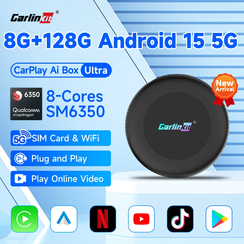 CarlinKit 128GB Android 15 TV Box Ultra Qualcomm SM6350 WiFi 6 inalámbrico Android Auto CarPlay Smart Car Box para Netflix IPTV GPS