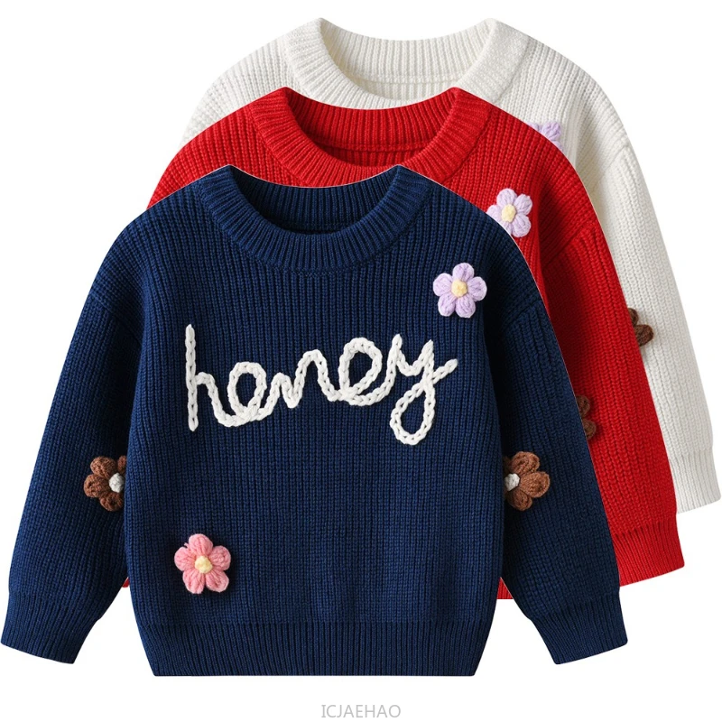 

2025 Children Hand Embroidered Baby Knit Sweater Costumes Kids Clothes Winter Cotton Wool Pullover Kids Simple Style Outfits