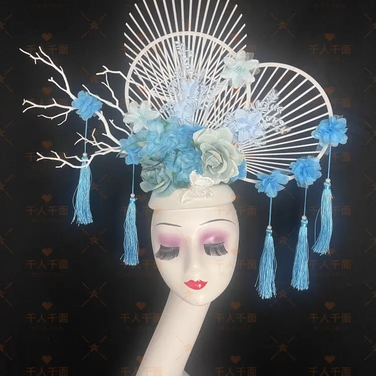 Chinese Style White Flowers Stage Models Fashion Shows Colorful Performances Makeup Styling Personalized Creative Headwear