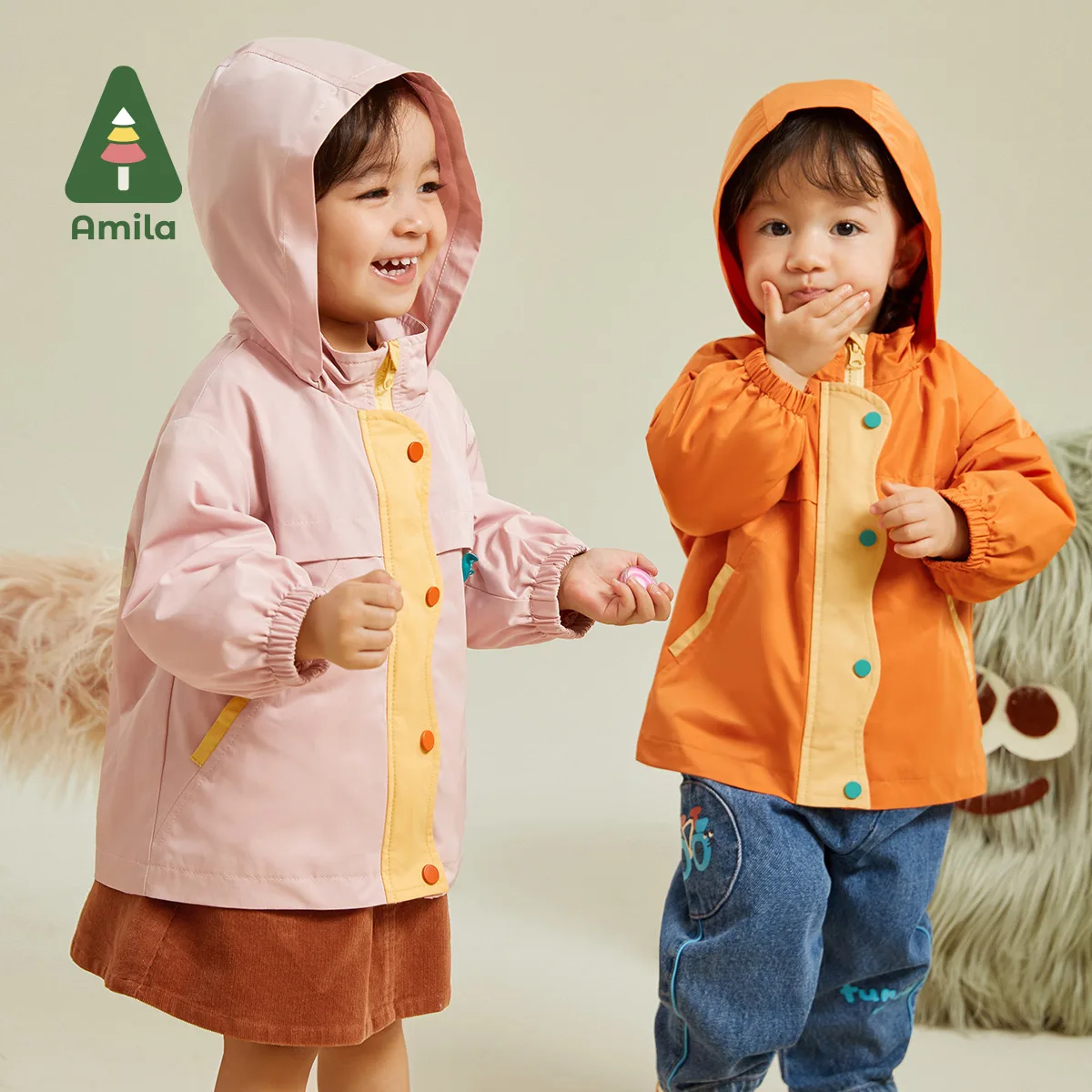 Amila Baby Coat 2023 Autumn New Warm And Windproof Colorful Printing Stand Up Collar Girls And Boys  Outerwear Kid\'s Clothes