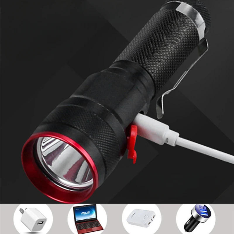 Powerful LED Flashlight Zoom Portable Torch USB ReChargeable Outdoor Water Proof Camping Tactical Flash Light 3 Modes Lantern