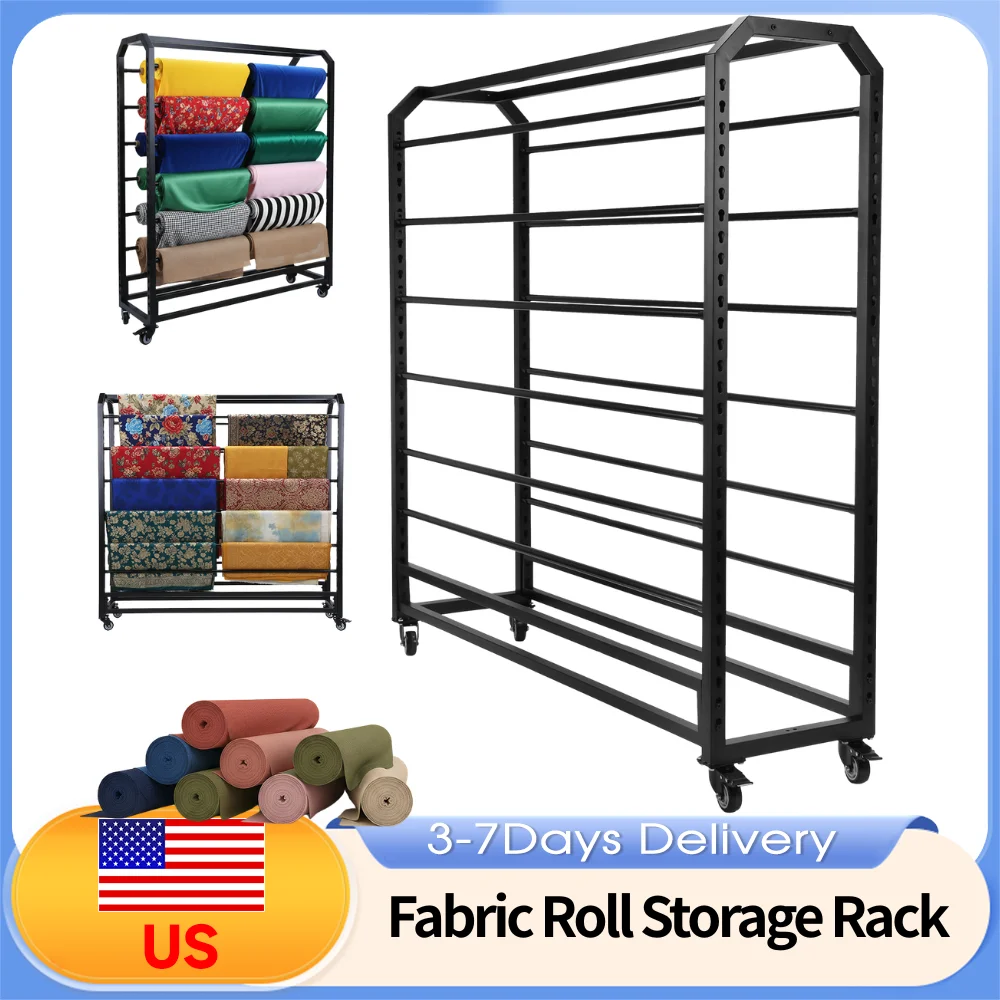 

Double Side Textile Fabric Roll Organizer Holder with Wheels Movable Vinyl Wallpaper Leather Storage Rack 12 Adjustable Rods
