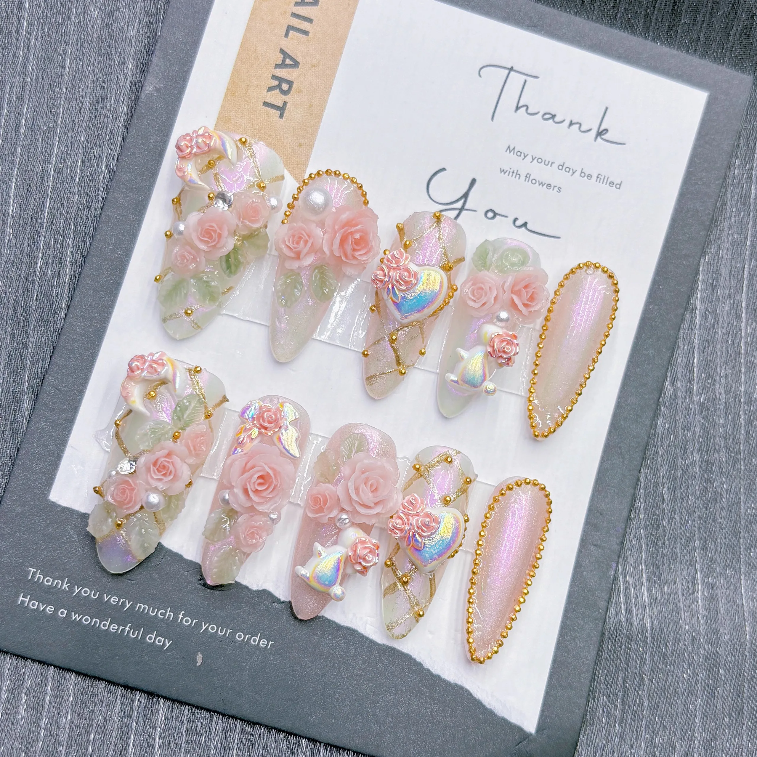Blush Rose Dream Press on Nails Hand Sculpted 3D Resin Roses Holographic Accents Gold Beads Lightweight ABS Resin image 2
