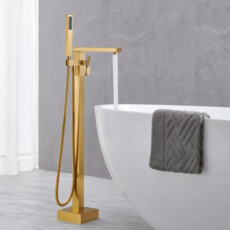 Freestanding Bathtub Faucet Tub Filler Brushed Gold Floor Mount Bathroom Faucets Brass Single Handle