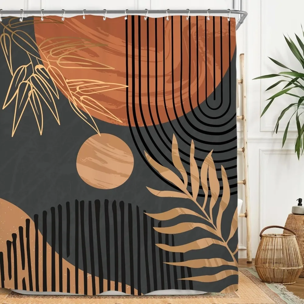 GAEAbstract Mid Century Shower Curtain Set Dark Vintage Minimalist Modern Geometric Leaves Plant Aesthetic Waterproof Bath Cur