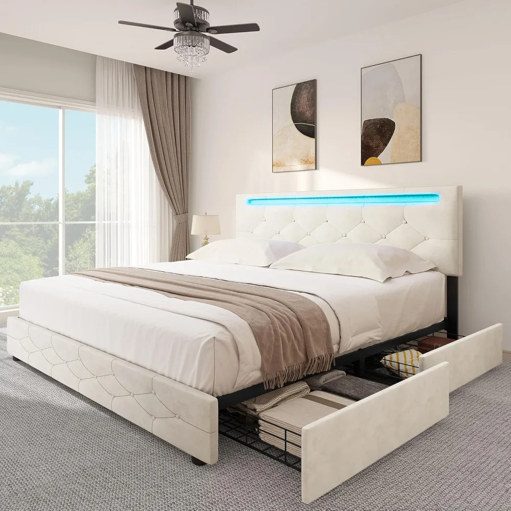 

Bed Frame Large, LED Bed Frame, with 4 Storage Drawers, Adjustable Cushioned Headboard Platform Bed