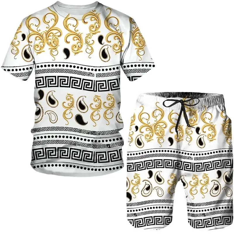 Summer New Luxury Golden Flower Print 3D Men Women Tees Suits Vintage Baroque Pattern T-Shirts Shorts Set Fashion Two Piece Sets